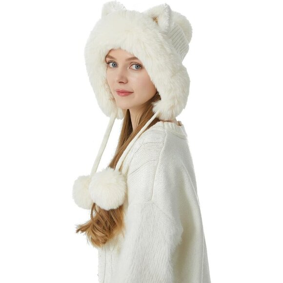 Women Cream White Winter Peruvian Cover Ears Beanie Hat Ear Flaps Sherpa Snow